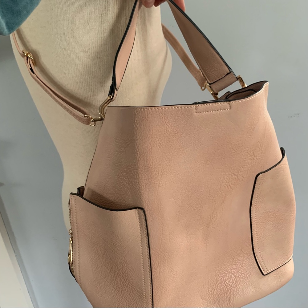 NEW vegan bucket bag nude blush w/ shoulder strap & optional crossbody strap + - Picture 15 of 15